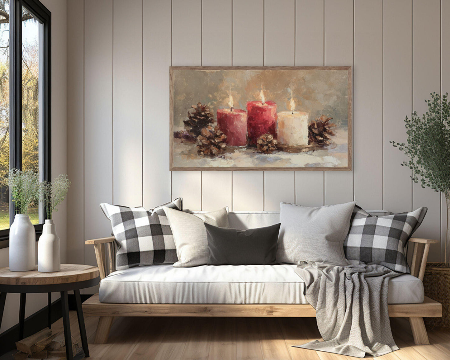 FRAME TV art Candles and Pinecones, Samsung Frame TV art Cozy Winter Holiday Vintage Style Painting | TV986