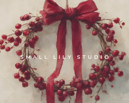 FRAME TV art Red Berry Wreath, Samsung Frame TV art Christmas berries and botanicals, Festive vintage style painting | TV987