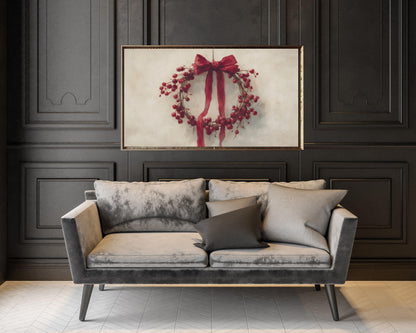 FRAME TV art Red Berry Wreath, Samsung Frame TV art Christmas berries and botanicals, Festive vintage style painting | TV987