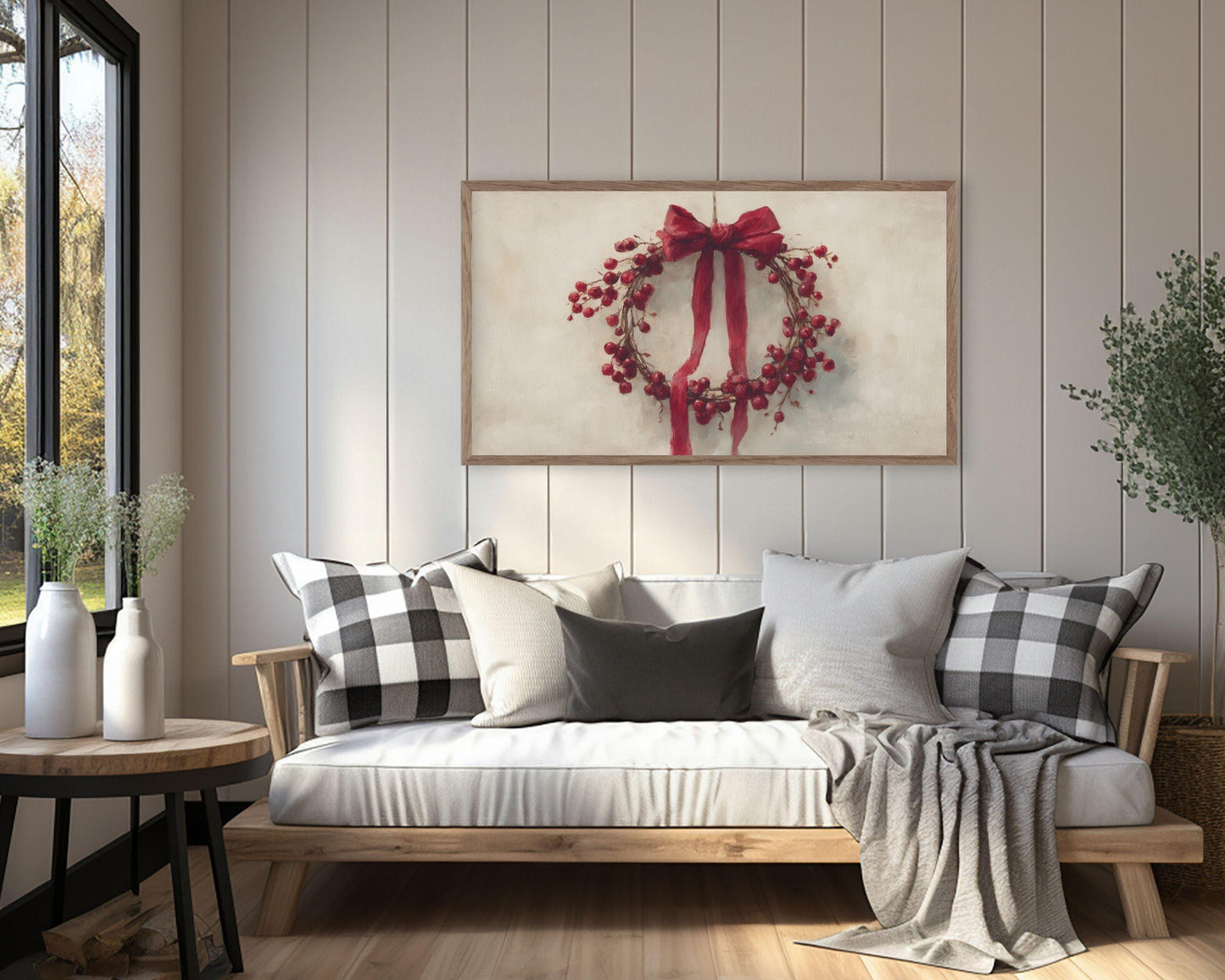 FRAME TV art Red Berry Wreath, Samsung Frame TV art Christmas berries and botanicals, Festive vintage style painting | TV987