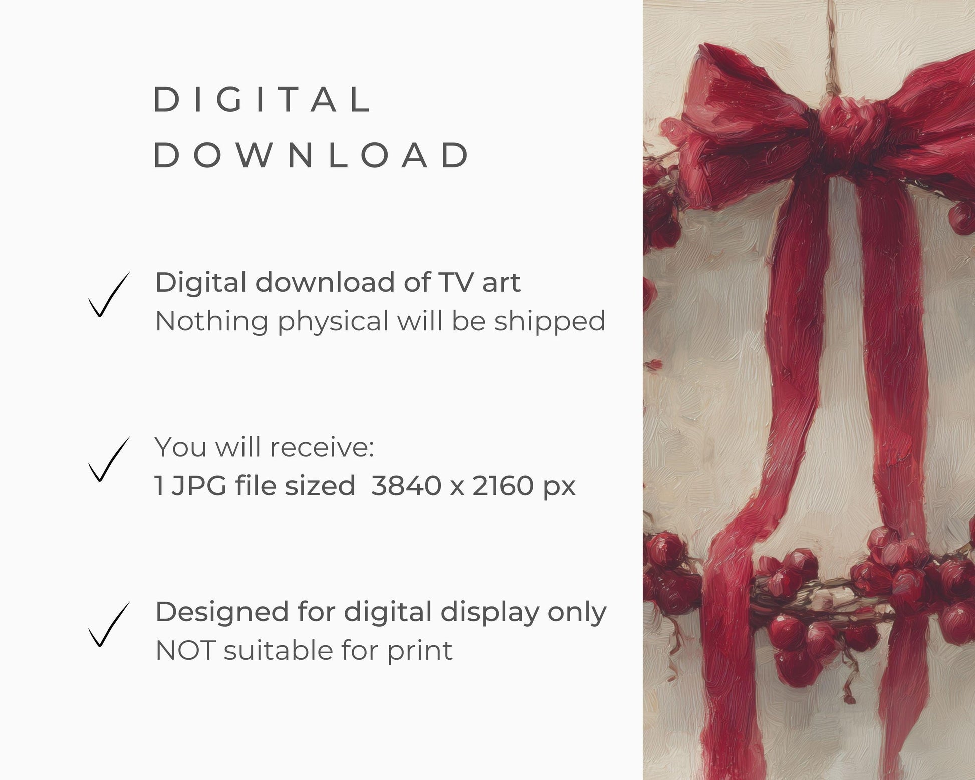FRAME TV art Red Berry Wreath, Samsung Frame TV art Christmas berries and botanicals, Festive vintage style painting | TV987