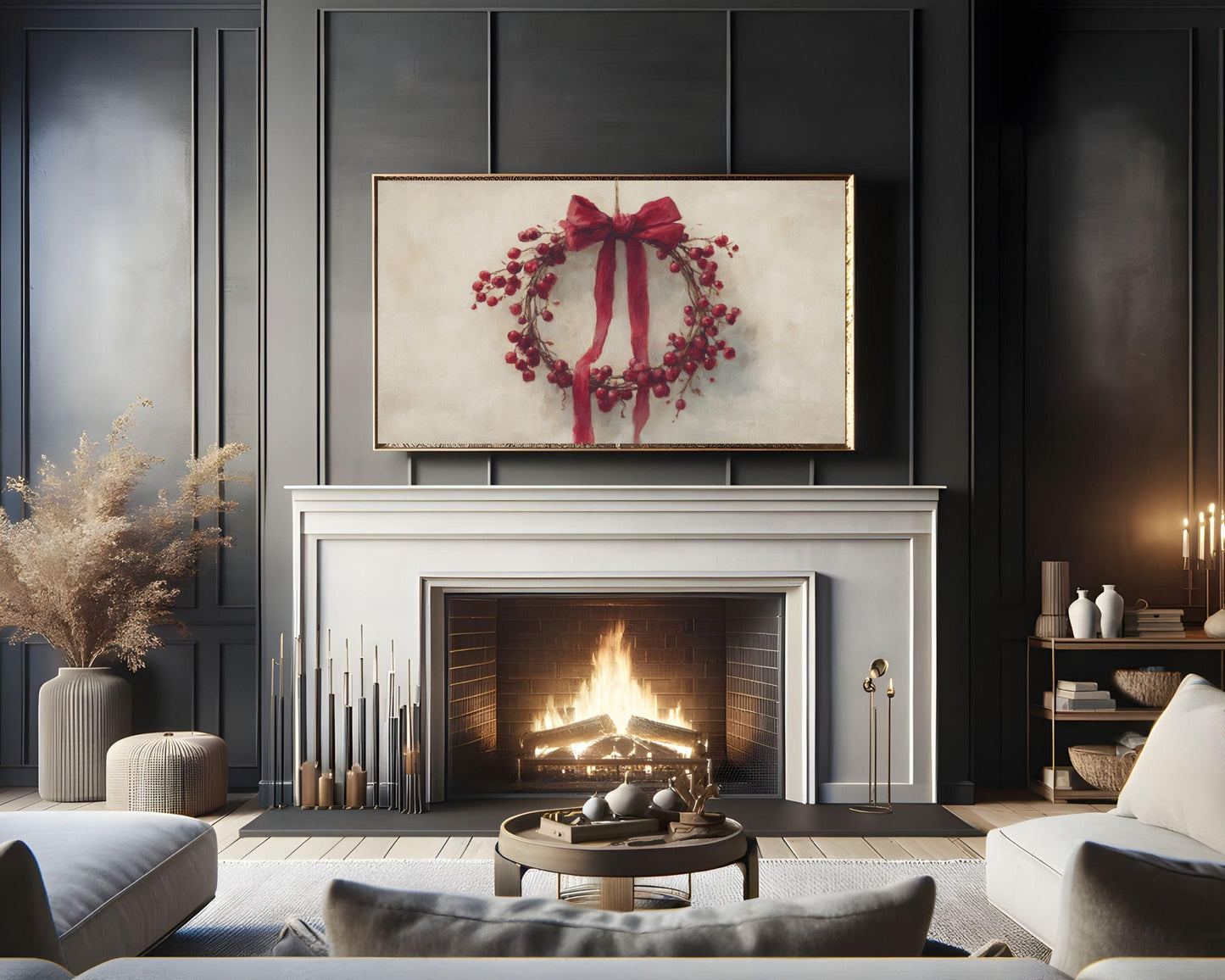 FRAME TV art Red Berry Wreath, Samsung Frame TV art Christmas berries and botanicals, Festive vintage style painting | TV987