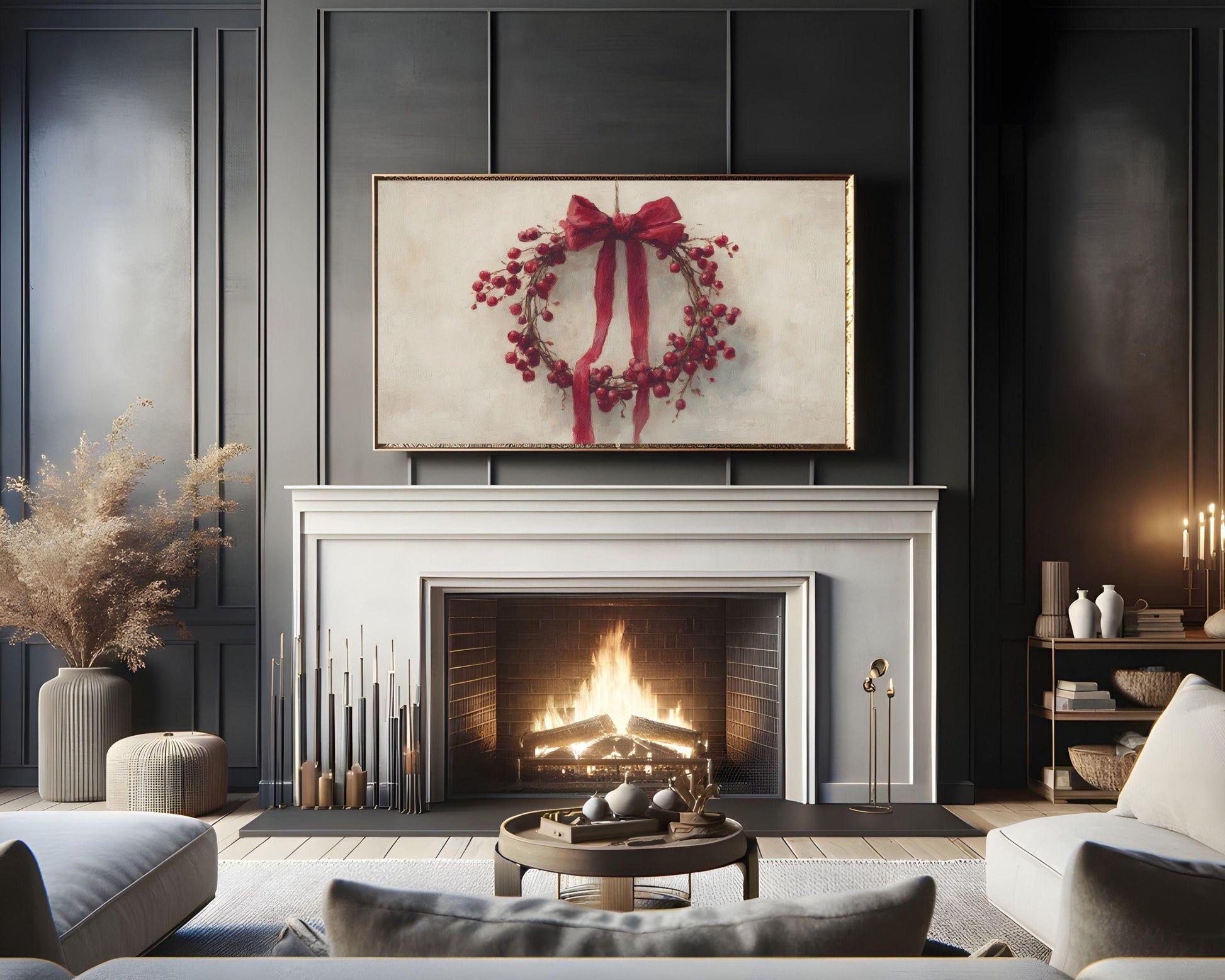 FRAME TV art Red Berry Wreath, Samsung Frame TV art Christmas berries and botanicals, Festive vintage style painting | TV987