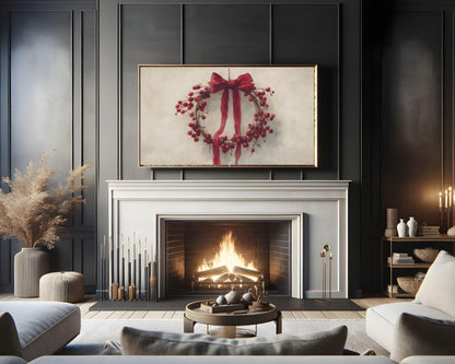 FRAME TV art Red Berry Wreath, Samsung Frame TV art Christmas berries and botanicals, Festive vintage style painting | TV987