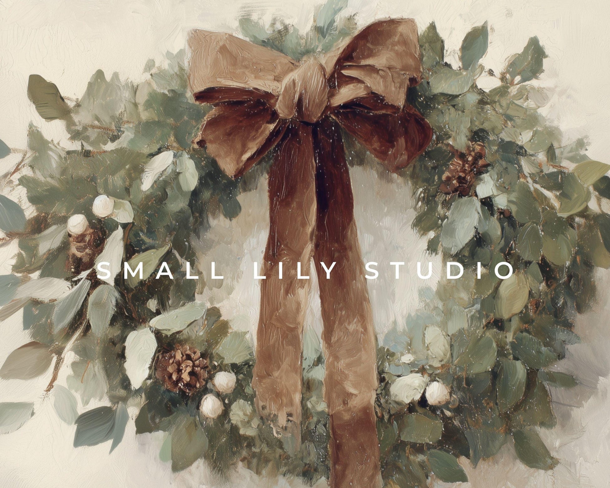 FRAME TV art Christmas Wreath with Brown Bow, Samsung Frame TV art Festive Botanicals vintage style painting | TV988