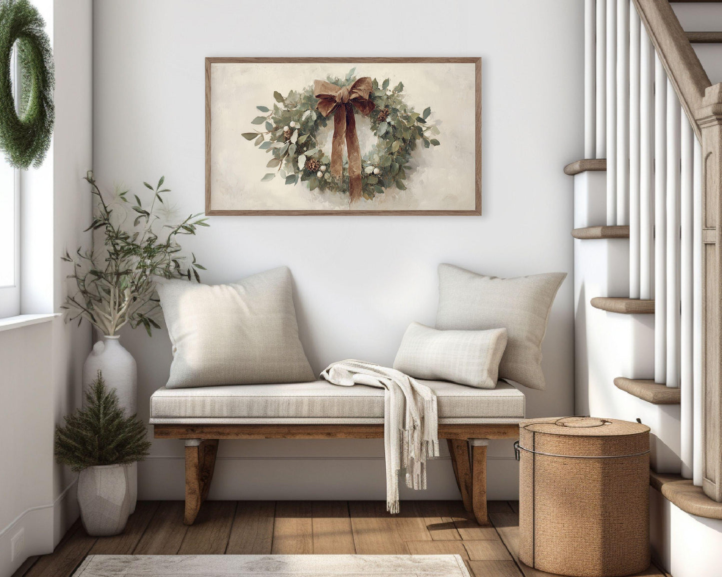 FRAME TV art Christmas Wreath with Brown Bow, Samsung Frame TV art Festive Botanicals vintage style painting | TV988