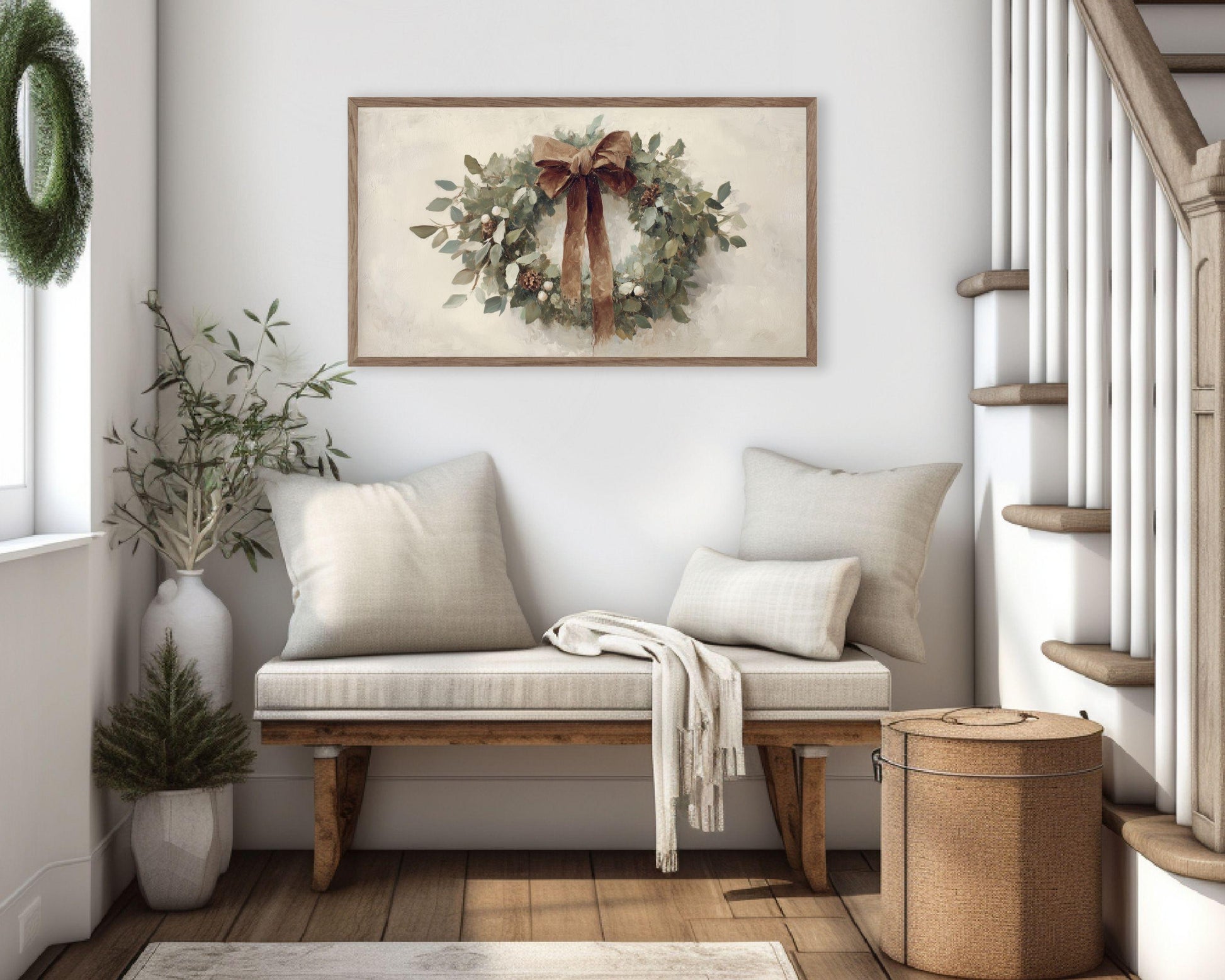 FRAME TV art Christmas Wreath with Brown Bow, Samsung Frame TV art Festive Botanicals vintage style painting | TV988