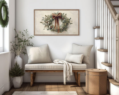 FRAME TV art Christmas Wreath with Brown Bow, Samsung Frame TV art Festive Botanicals vintage style painting | TV988