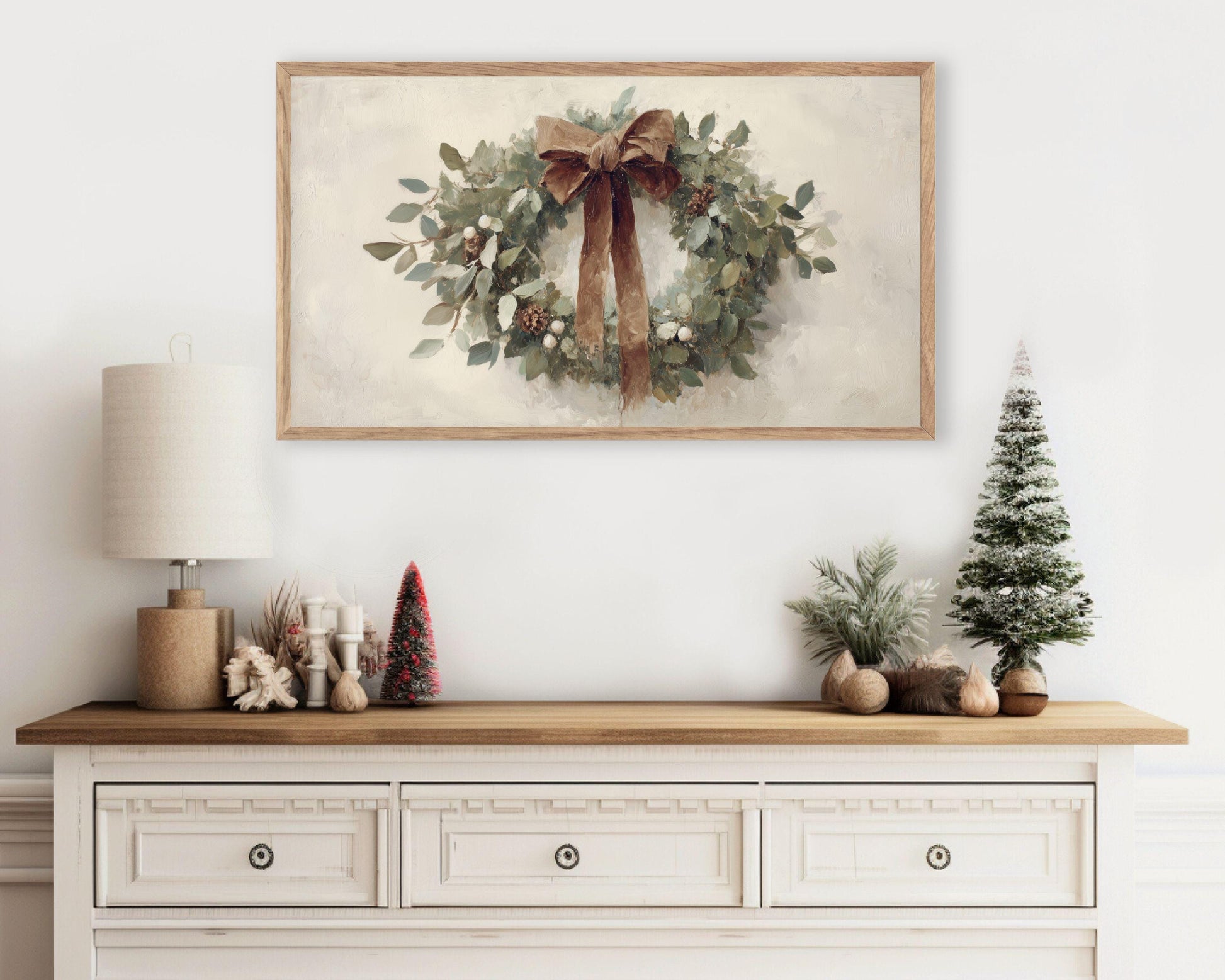 FRAME TV art Christmas Wreath with Brown Bow, Samsung Frame TV art Festive Botanicals vintage style painting | TV988