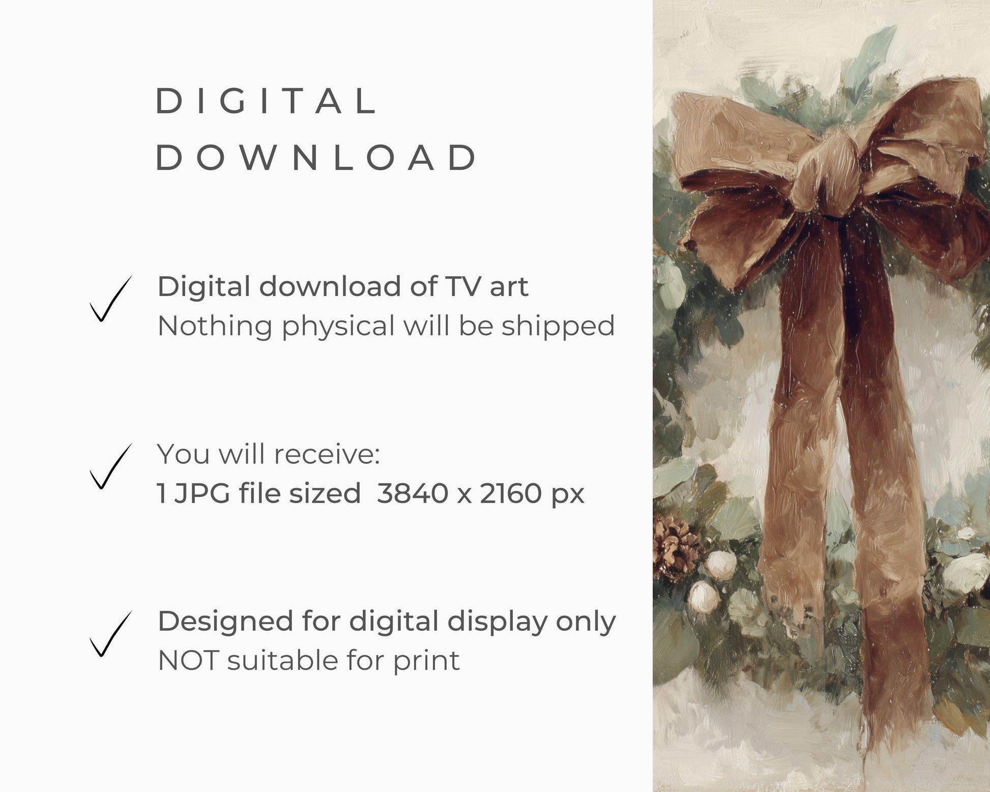 FRAME TV art Christmas Wreath with Brown Bow, Samsung Frame TV art Festive Botanicals vintage style painting | TV988