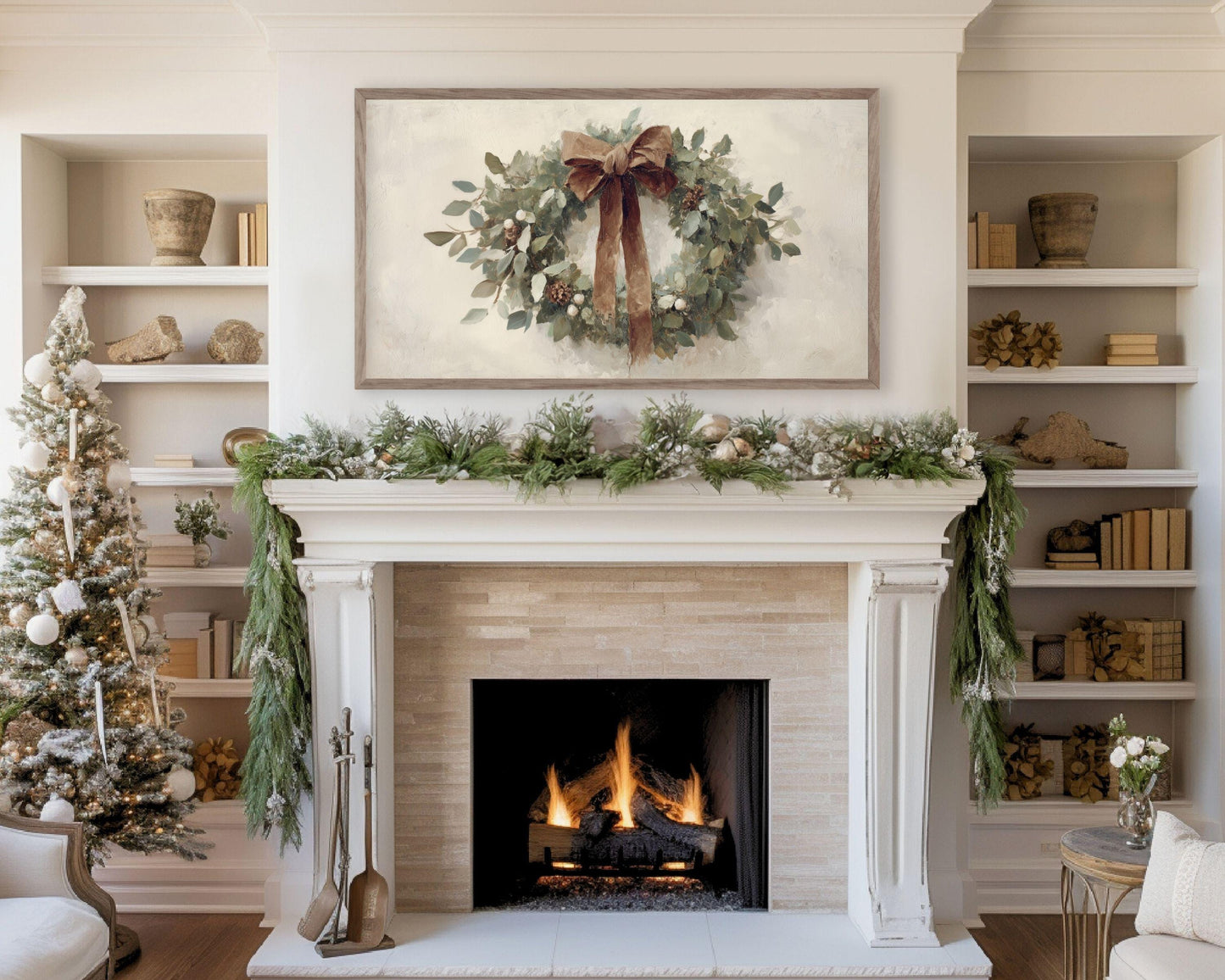 FRAME TV art Christmas Wreath with Brown Bow, Samsung Frame TV art Festive Botanicals vintage style painting | TV988