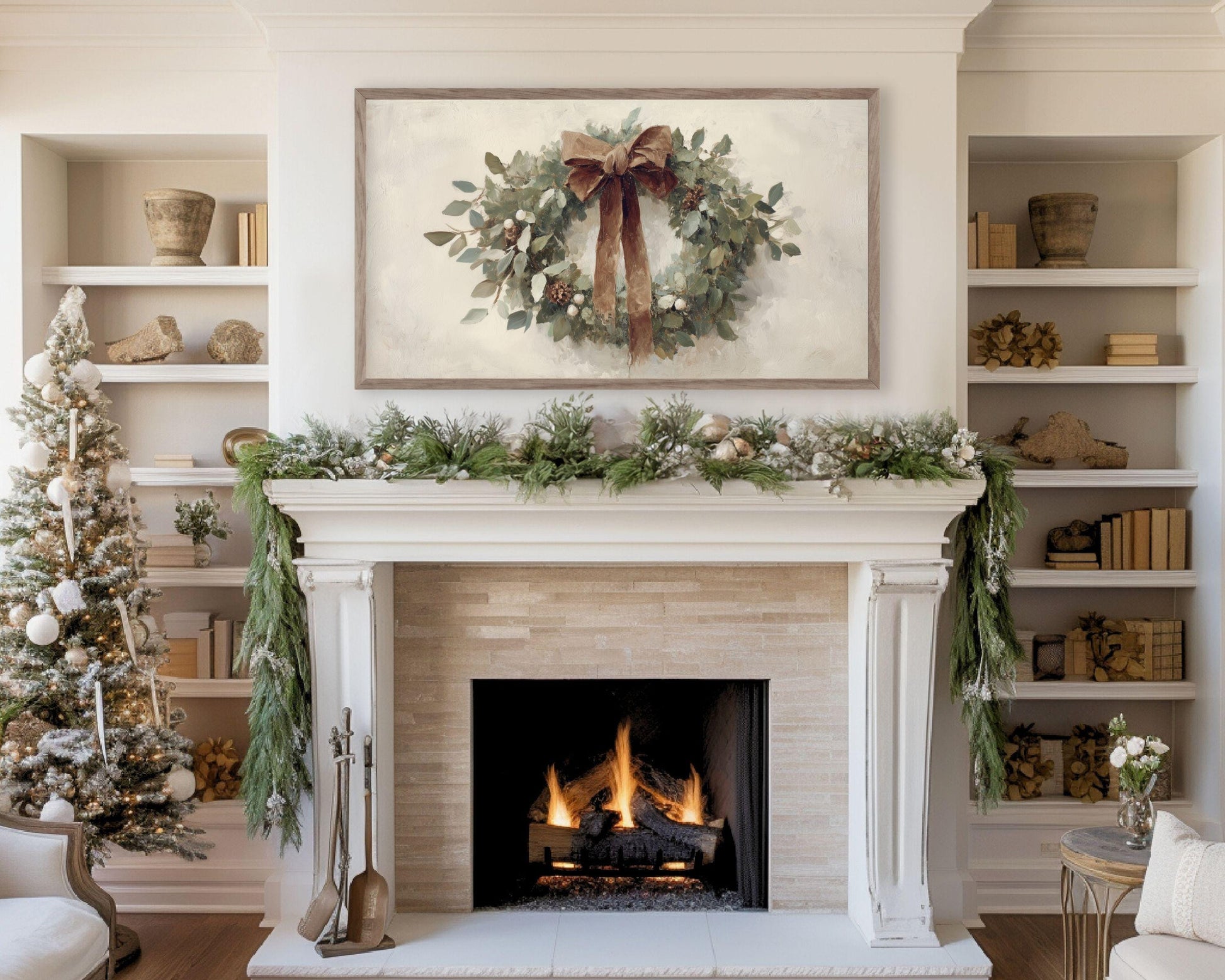 FRAME TV art Christmas Wreath with Brown Bow, Samsung Frame TV art Festive Botanicals vintage style painting | TV988