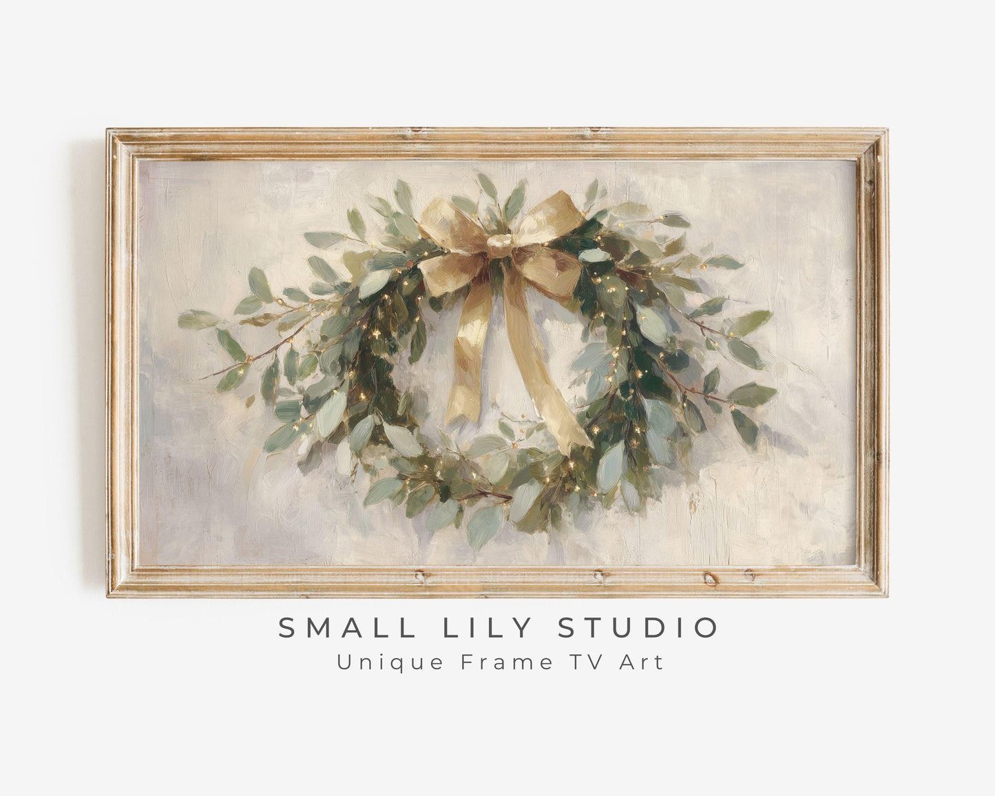 FRAME TV art Christmas Wreath with Gold Bow, Samsung Frame TV art Festive Botanicals vintage style painting | TV989
