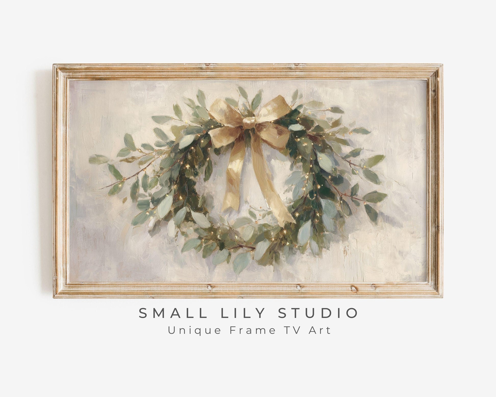 FRAME TV art Christmas Wreath with Gold Bow, Samsung Frame TV art Festive Botanicals vintage style painting | TV989