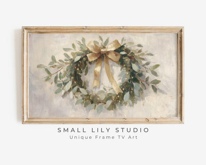 FRAME TV art Christmas Wreath with Gold Bow, Samsung Frame TV art Festive Botanicals vintage style painting | TV989
