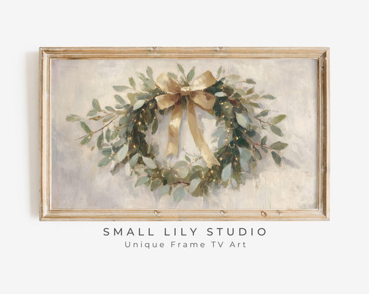 FRAME TV art Christmas Wreath with Gold Bow, Samsung Frame TV art Festive Botanicals vintage style painting | TV989