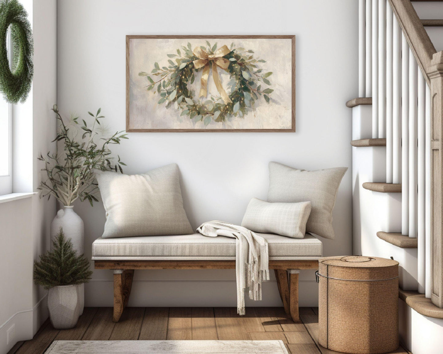 FRAME TV art Christmas Wreath with Gold Bow, Samsung Frame TV art Festive Botanicals vintage style painting | TV989