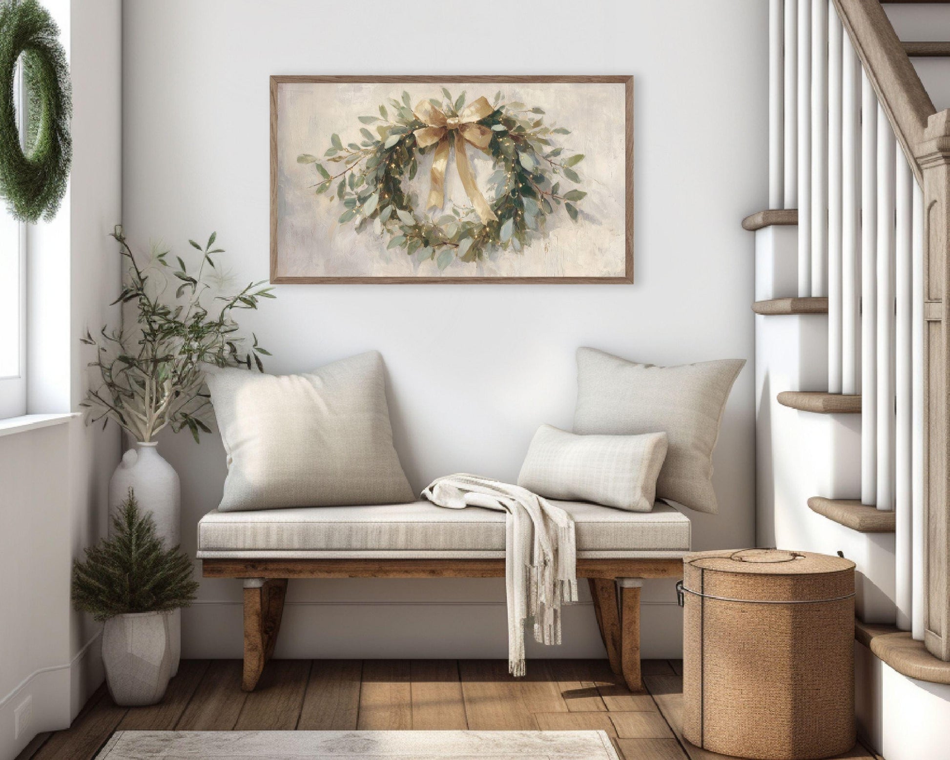 FRAME TV art Christmas Wreath with Gold Bow, Samsung Frame TV art Festive Botanicals vintage style painting | TV989