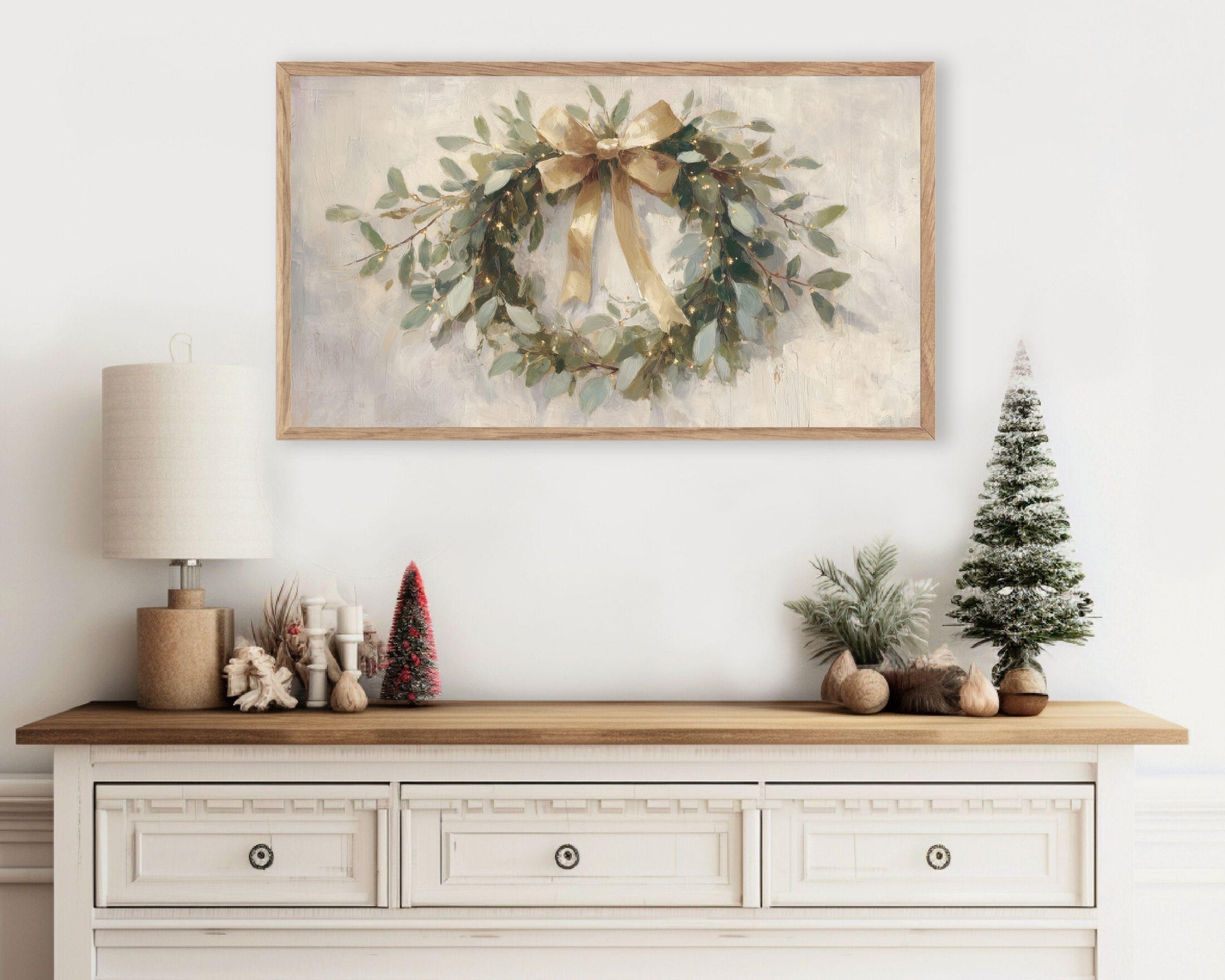 FRAME TV art Christmas Wreath with Gold Bow, Samsung Frame TV art Festive Botanicals vintage style painting | TV989