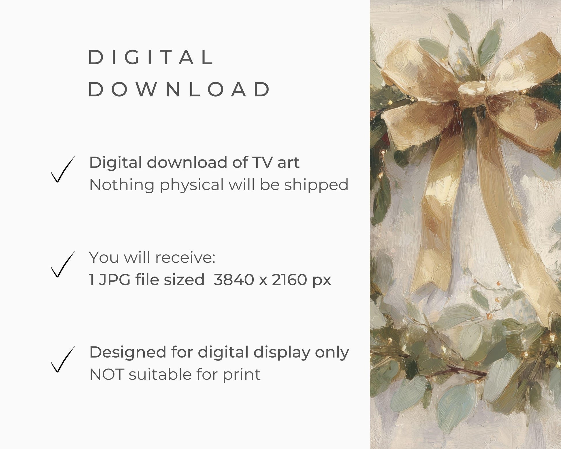 FRAME TV art Christmas Wreath with Gold Bow, Samsung Frame TV art Festive Botanicals vintage style painting | TV989