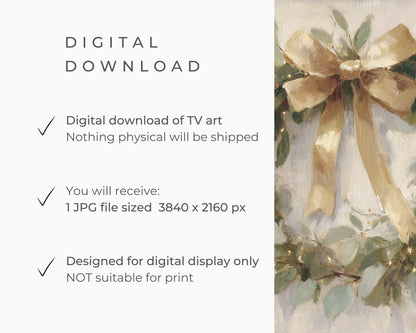 FRAME TV art Christmas Wreath with Gold Bow, Samsung Frame TV art Festive Botanicals vintage style painting | TV989