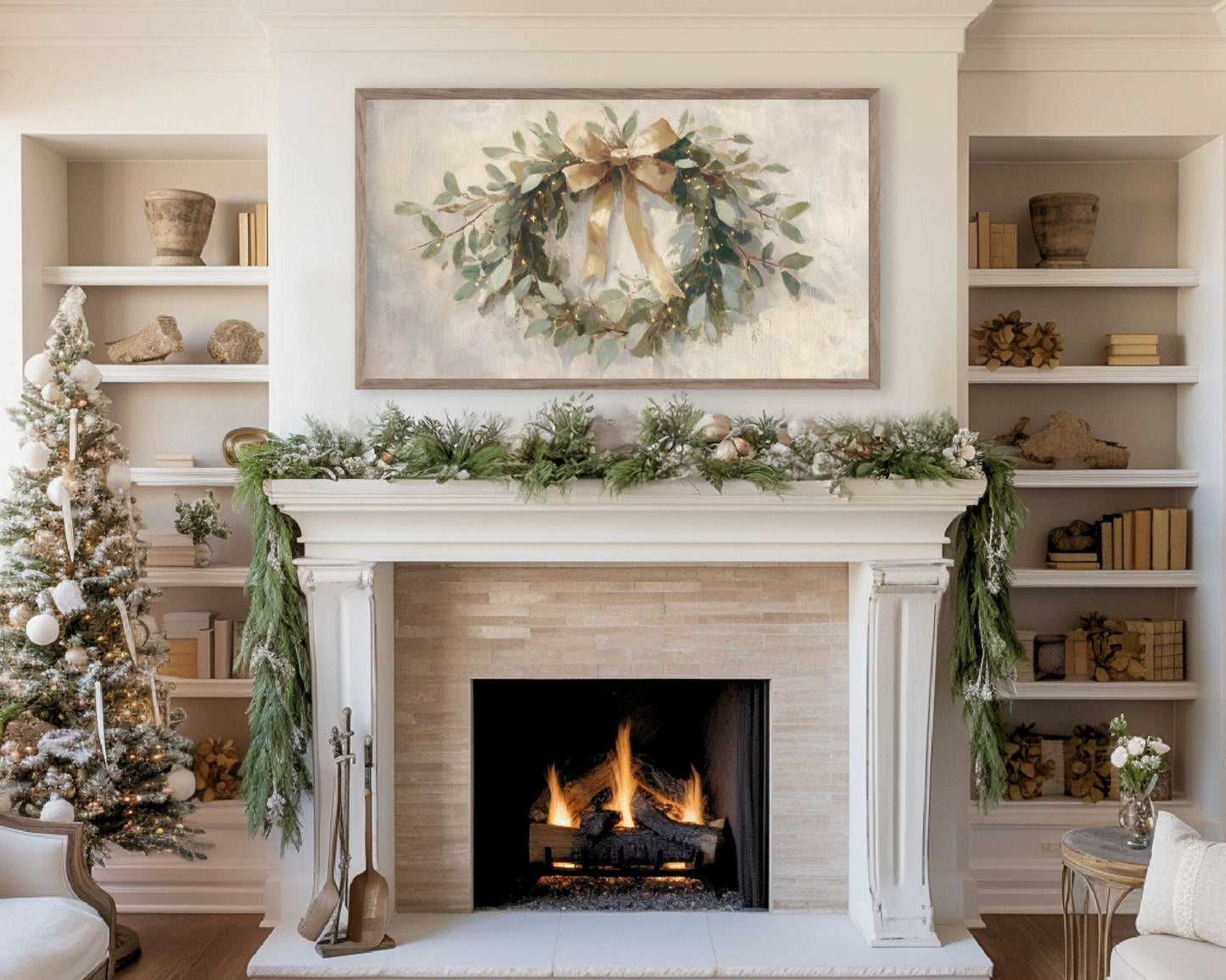 FRAME TV art Christmas Wreath with Gold Bow, Samsung Frame TV art Festive Botanicals vintage style painting | TV989