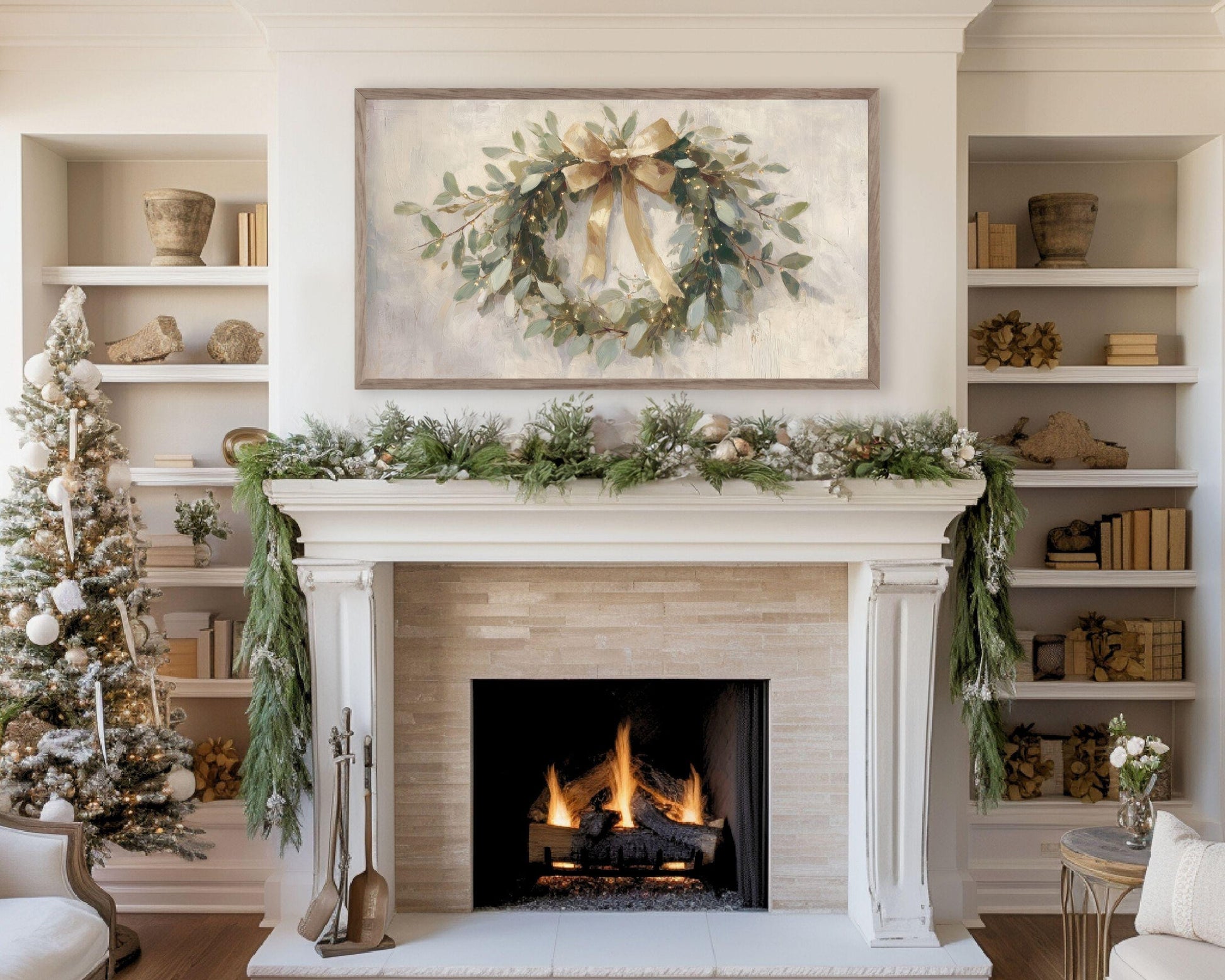 FRAME TV art Christmas Wreath with Gold Bow, Samsung Frame TV art Festive Botanicals vintage style painting | TV989