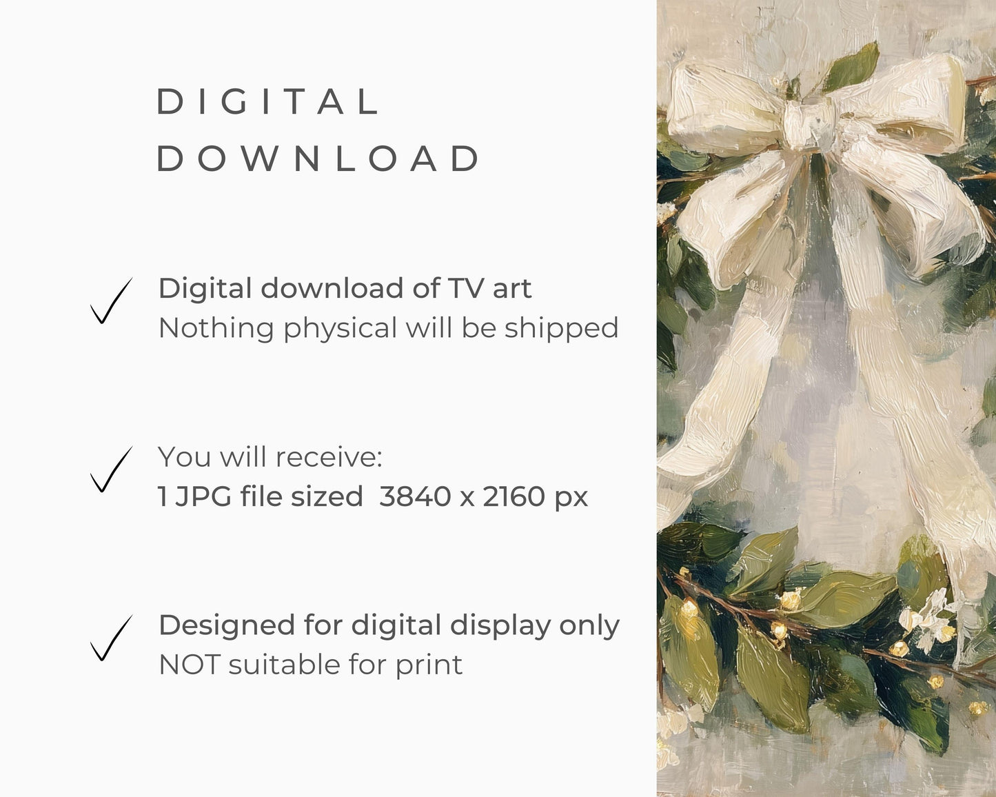 FRAME TV art Christmas Wreath with White Bow, Samsung Frame TV art Festive Botanicals vintage style painting | TV990