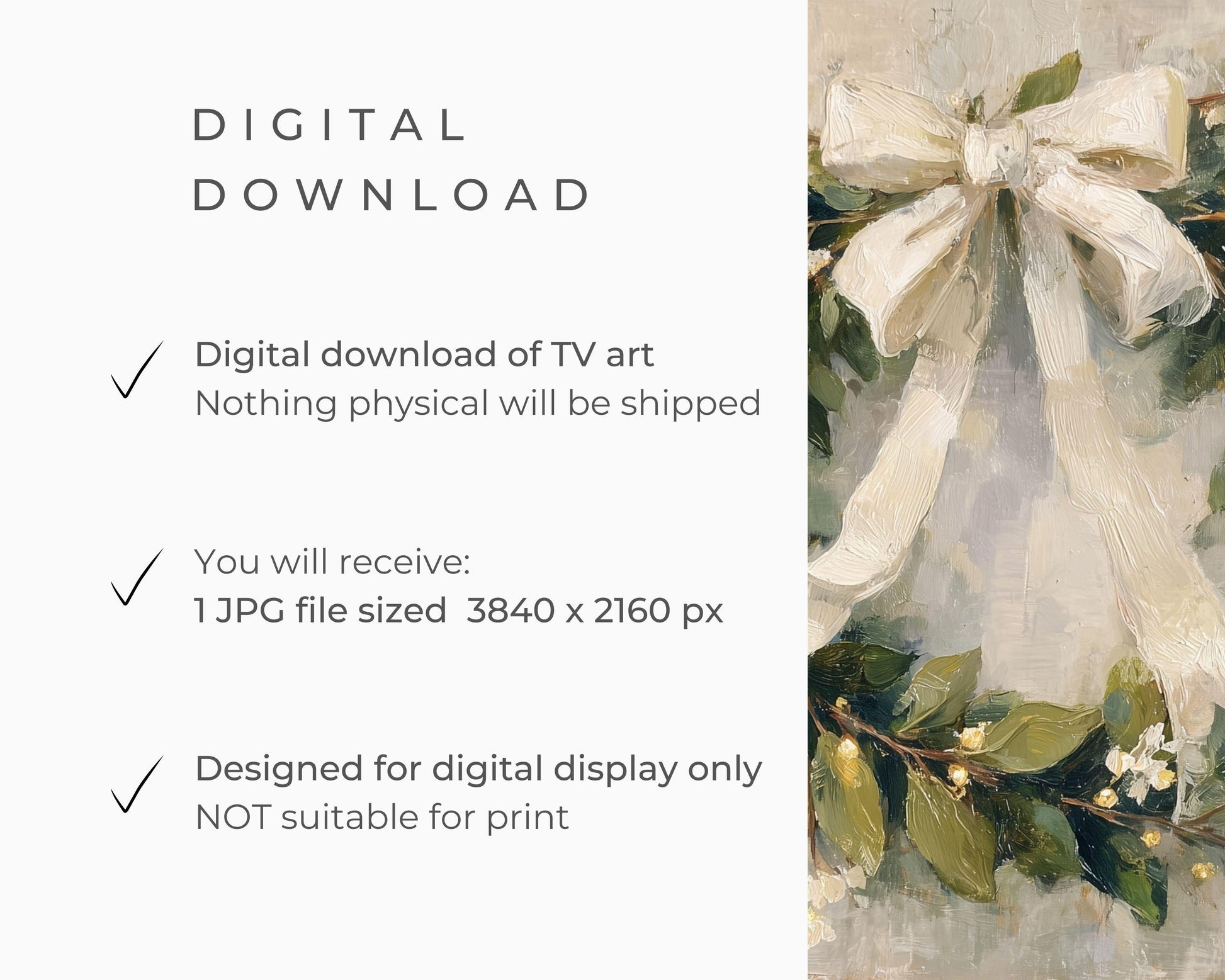 FRAME TV art Christmas Wreath with White Bow, Samsung Frame TV art Festive Botanicals vintage style painting | TV990