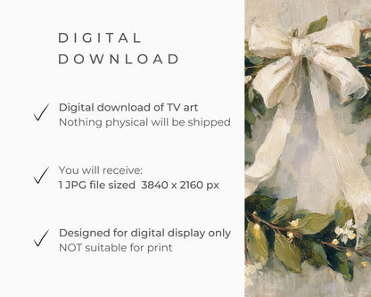 FRAME TV art Christmas Wreath with White Bow, Samsung Frame TV art Festive Botanicals vintage style painting | TV990
