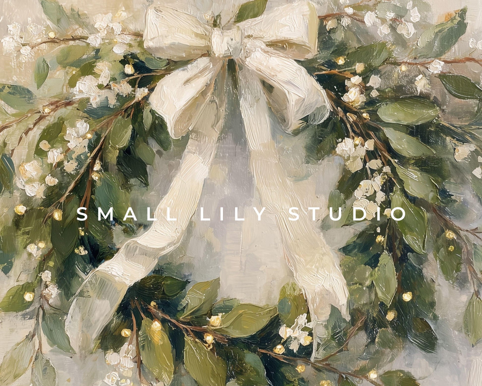 FRAME TV art Christmas Wreath with White Bow, Samsung Frame TV art Festive Botanicals vintage style painting | TV990