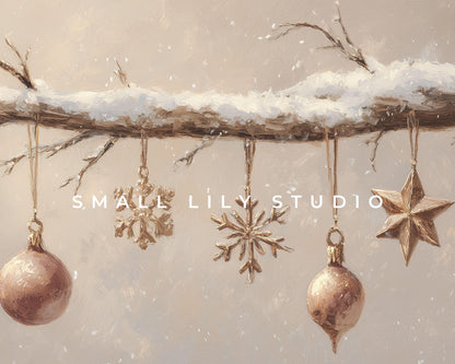 FRAME TV art Christmas Ornaments, Samsung Frame TV art Neutral vintage style festive painting | TV992