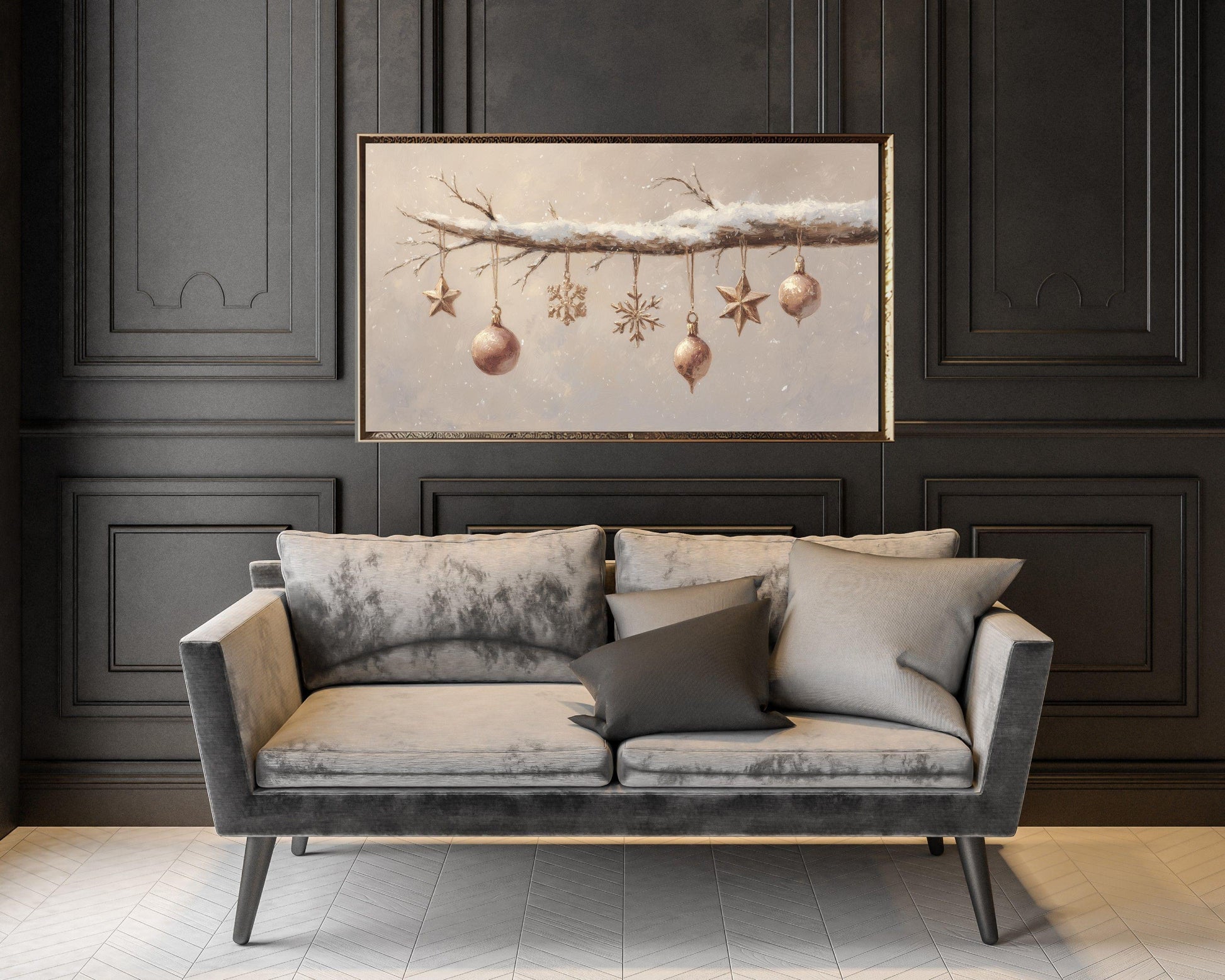 FRAME TV art Christmas Ornaments, Samsung Frame TV art Neutral vintage style festive painting | TV992