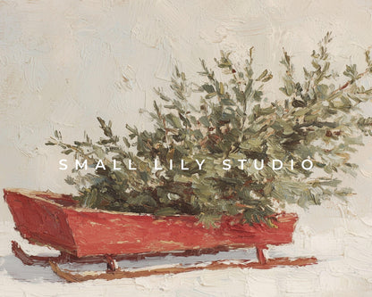 FRAME TV art Christmas Sled, Samsung Frame TV art Sled and Christmas Tree vintage style winter holiday painting | TV993