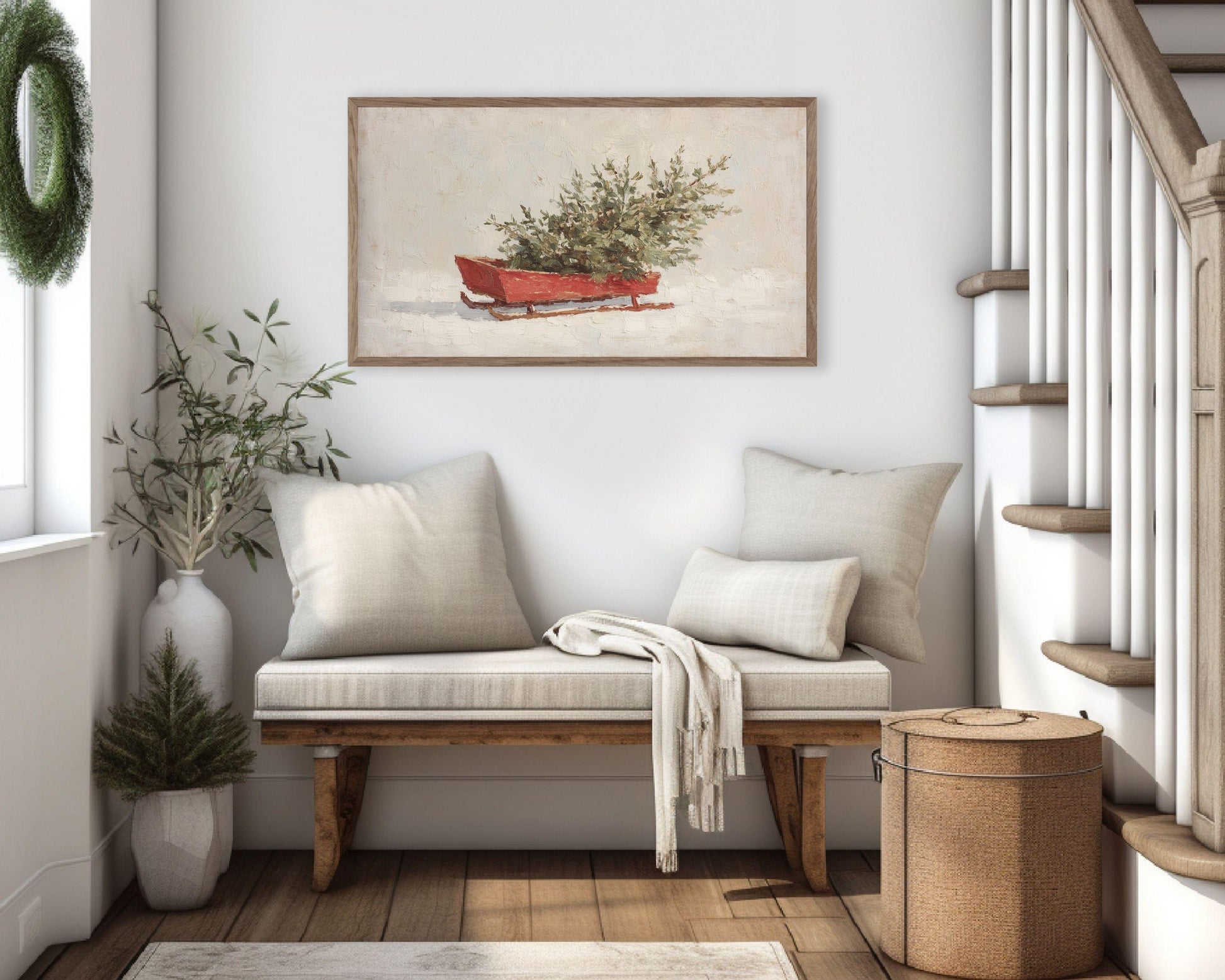 FRAME TV art Christmas Sled, Samsung Frame TV art Sled and Christmas Tree vintage style winter holiday painting | TV993