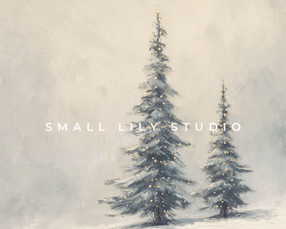 FRAME TV art Winter Landscape, Samsung Frame TV art Alpine Trees, Minimalist Christmas vintage style painting | TV994