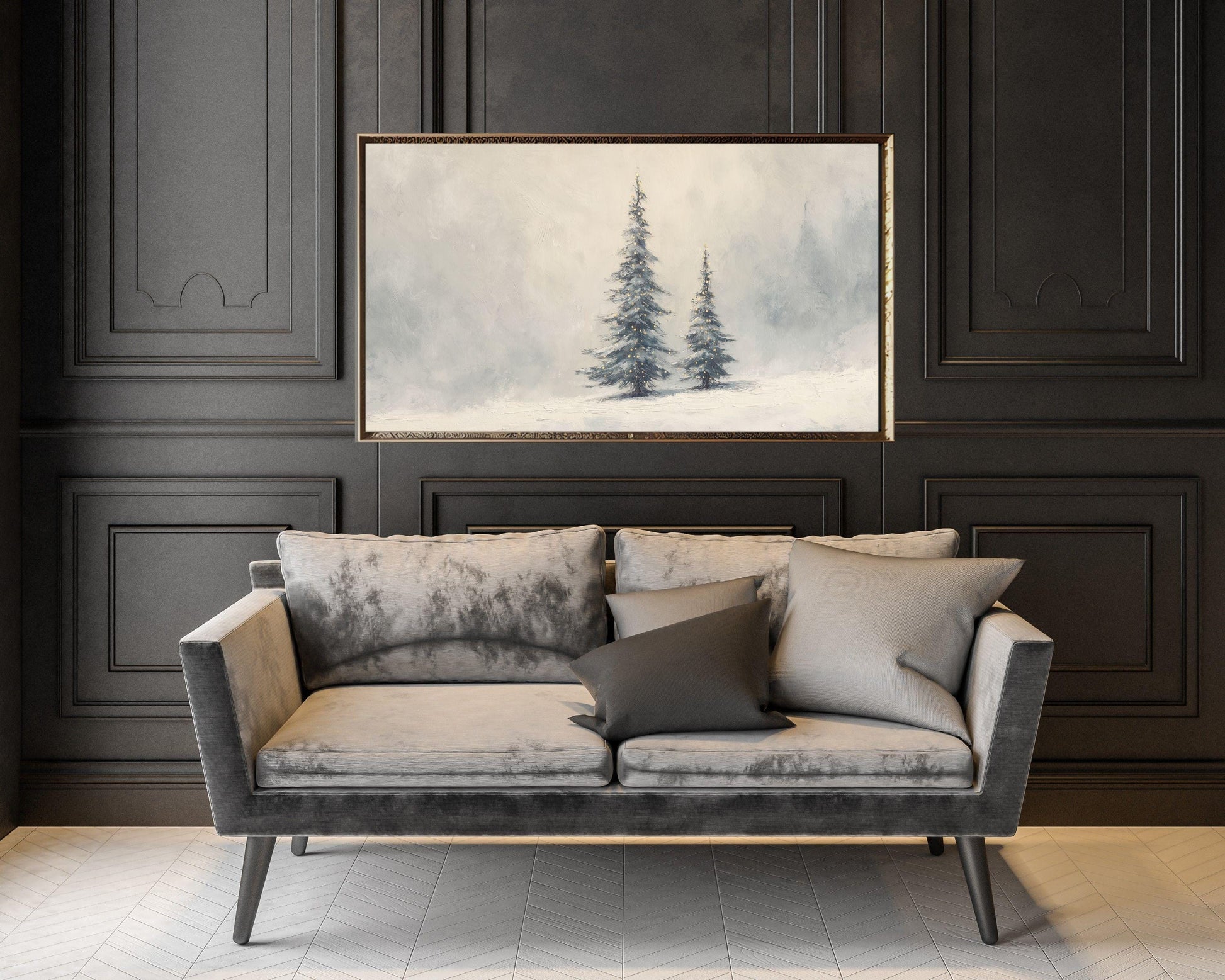 FRAME TV art Winter Landscape, Samsung Frame TV art Alpine Trees, Minimalist Christmas vintage style painting | TV994