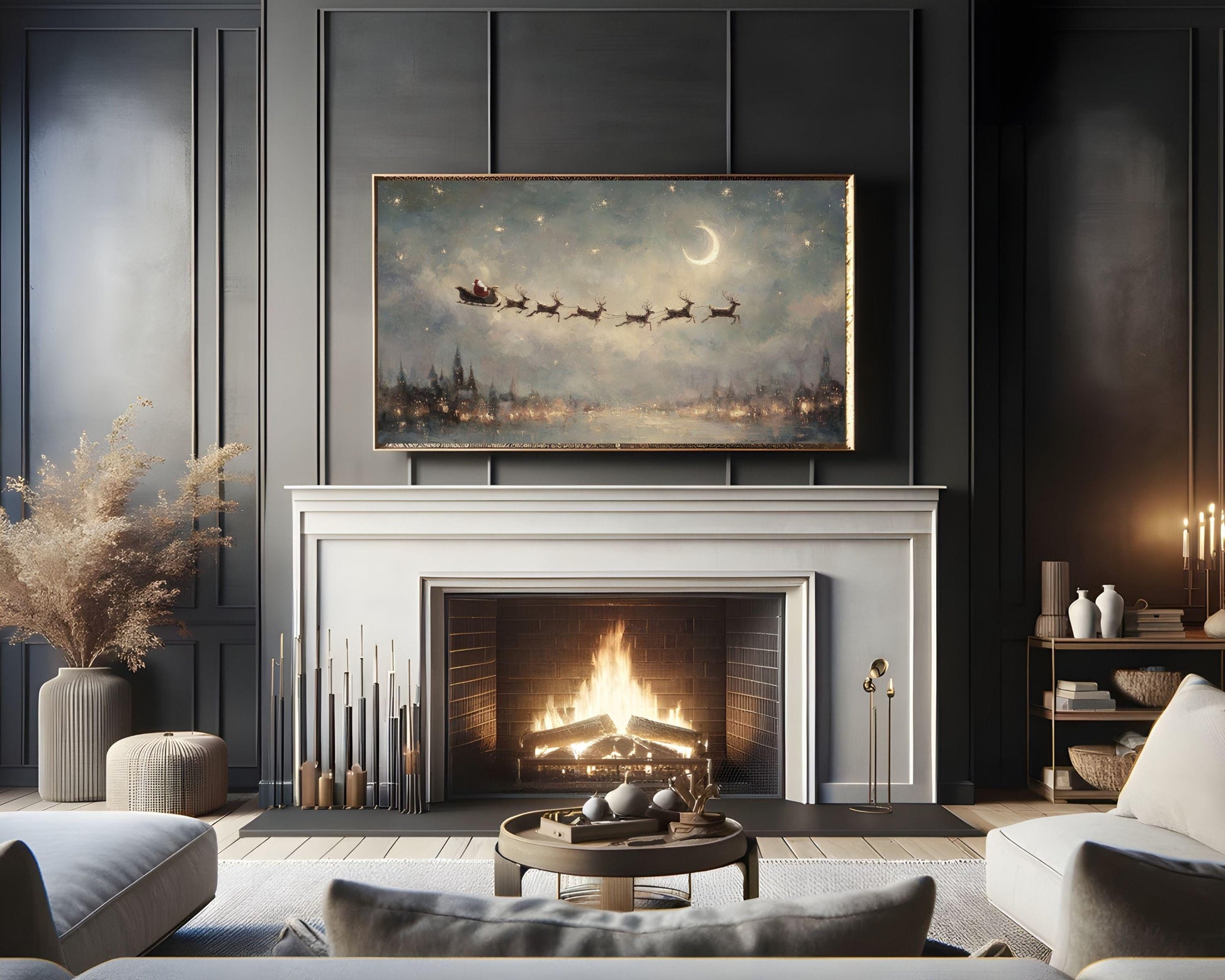 Santa and Reindeer Christmas Frame TV Art