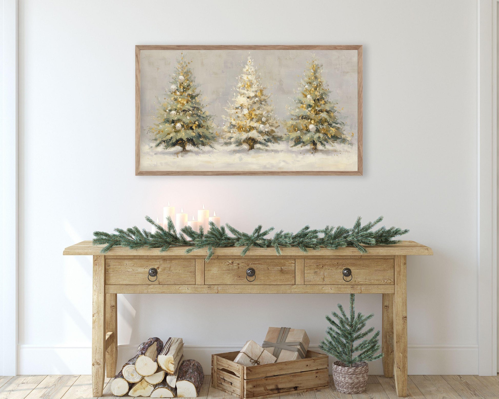 Gold and White Christmas Trees Frame TV Art