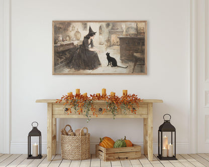 FRAME TV art Witch Playing With Black Cat, Samsung Frame TV art Halloween Vintage Style Painting Black and White | TV995