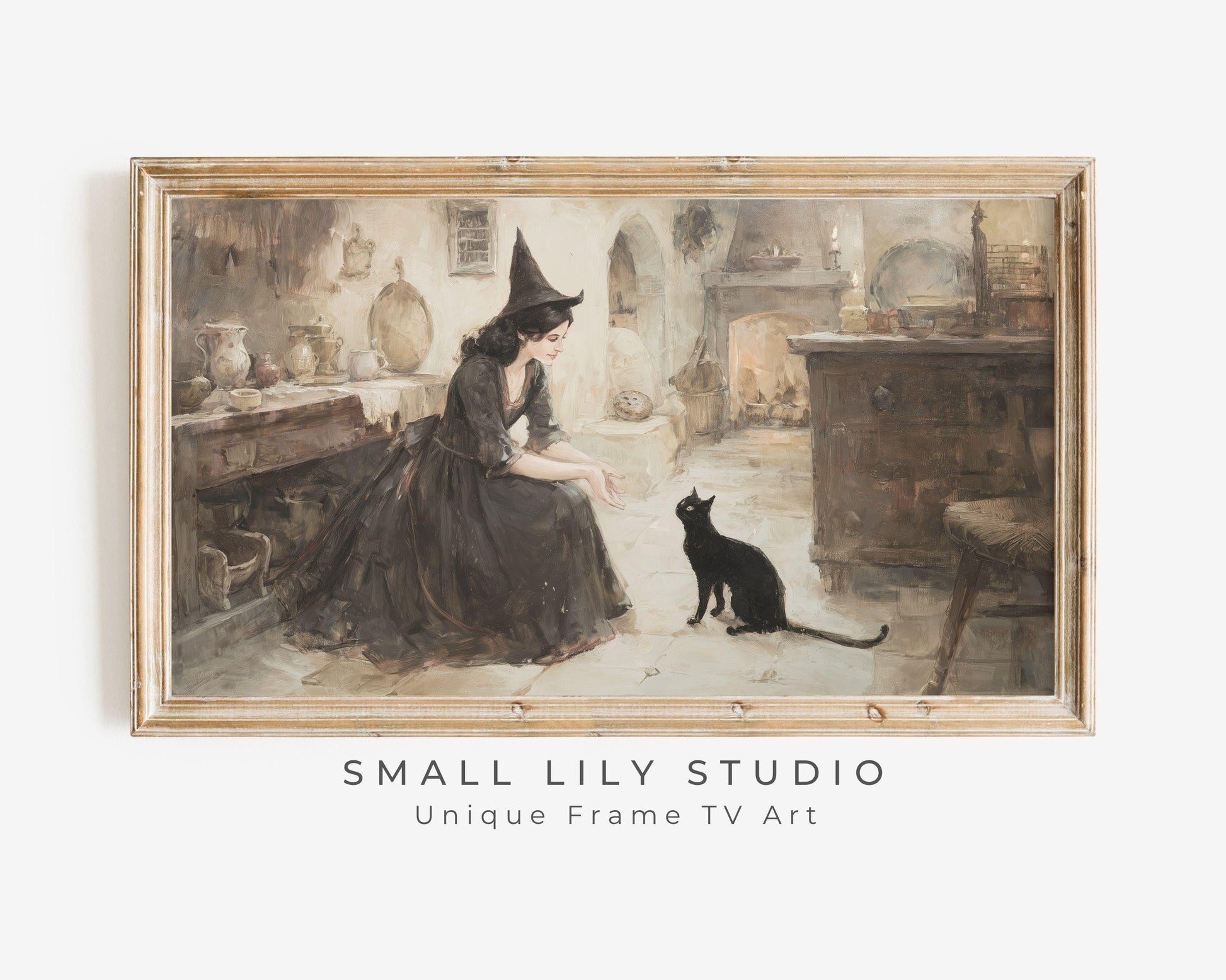FRAME TV art Witch Playing With Black Cat, Samsung Frame TV art Halloween Vintage Style Painting Black and White | TV995