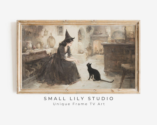 FRAME TV art Witch Playing With Black Cat, Samsung Frame TV art Halloween Vintage Style Painting Black and White | TV995
