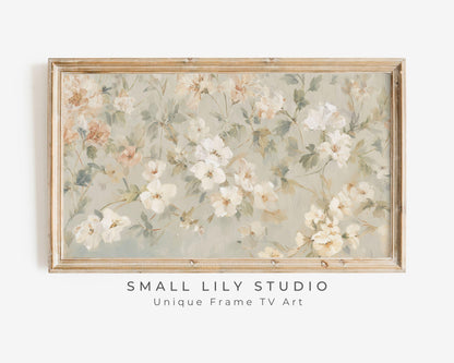 FRAME TV art Pastel Fall Florals, Samsung Frame TV art Vintage Style Painting, White Green Orange Botanical Flower Pattern | TV997