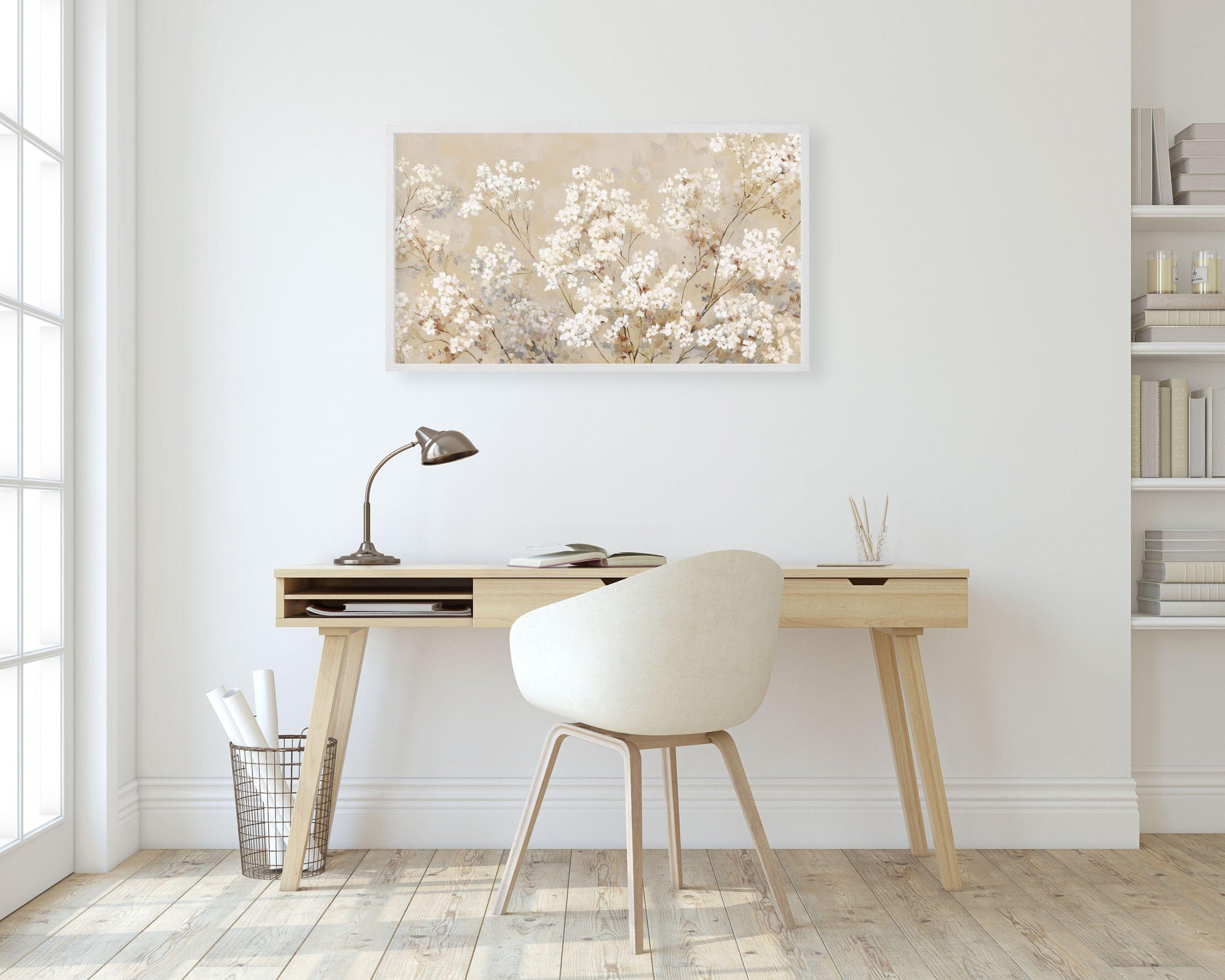 FRAME TV art Neutral Fall Florals, Samsung Frame TV art Vintage Style Painting White Flowers | TV998