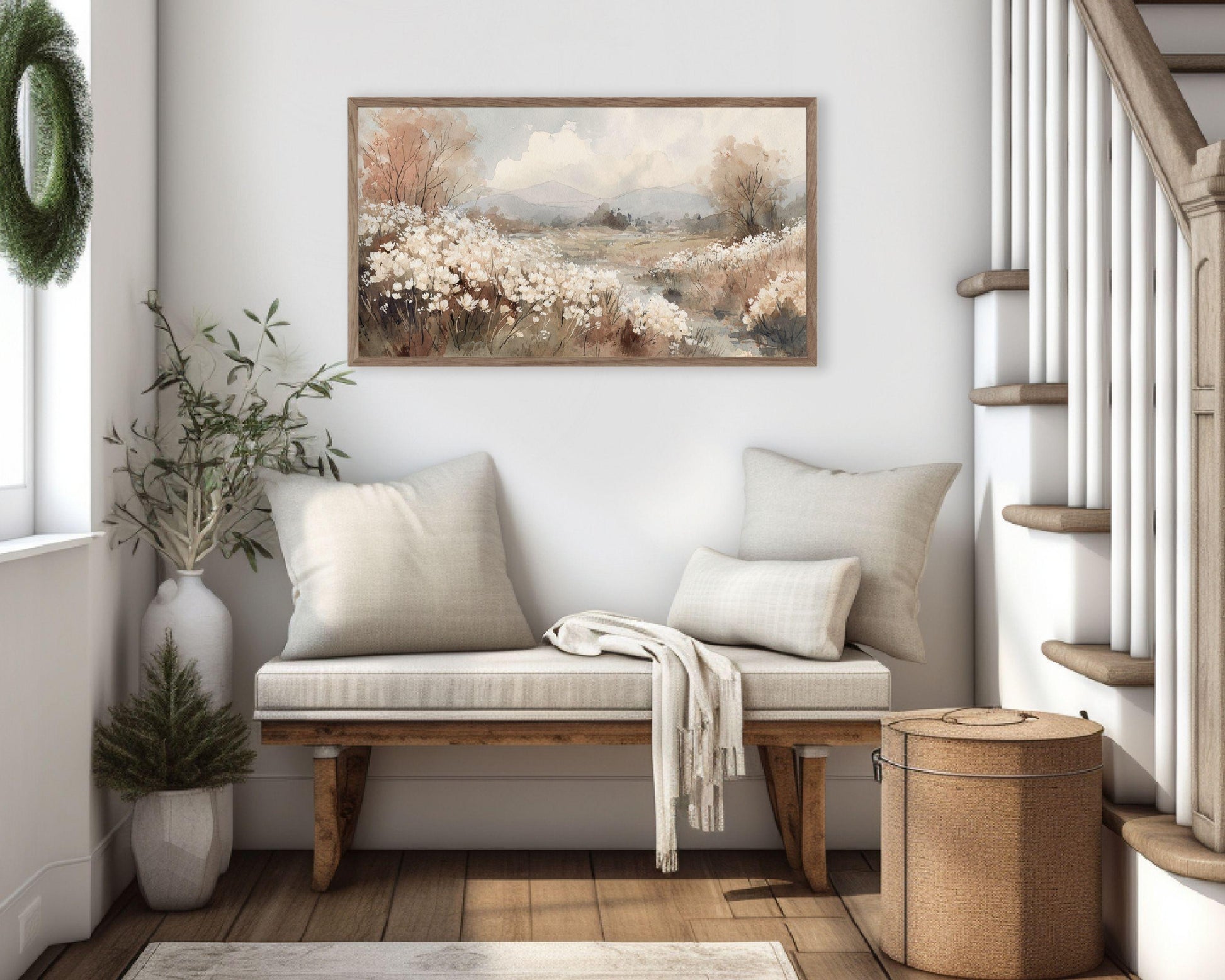 FRAME TV art Fall Floral Landscape, Samsung Frame TV art Vintage Watercolor Style Neutral Painting | TV1000
