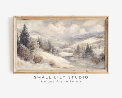 FRAME TV art Winter Landscape, Samsung Frame TV art Vintage Watercolor Style Neutral Painting | TV1001
