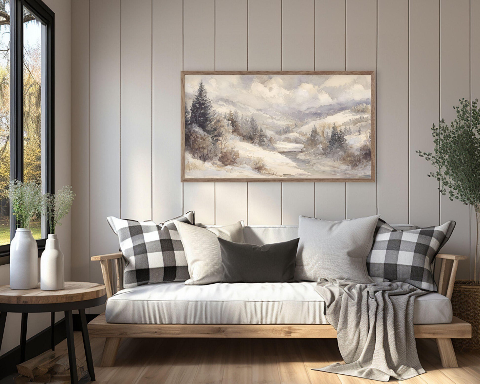 FRAME TV art Winter Landscape, Samsung Frame TV art Vintage Watercolor Style Neutral Painting | TV1001