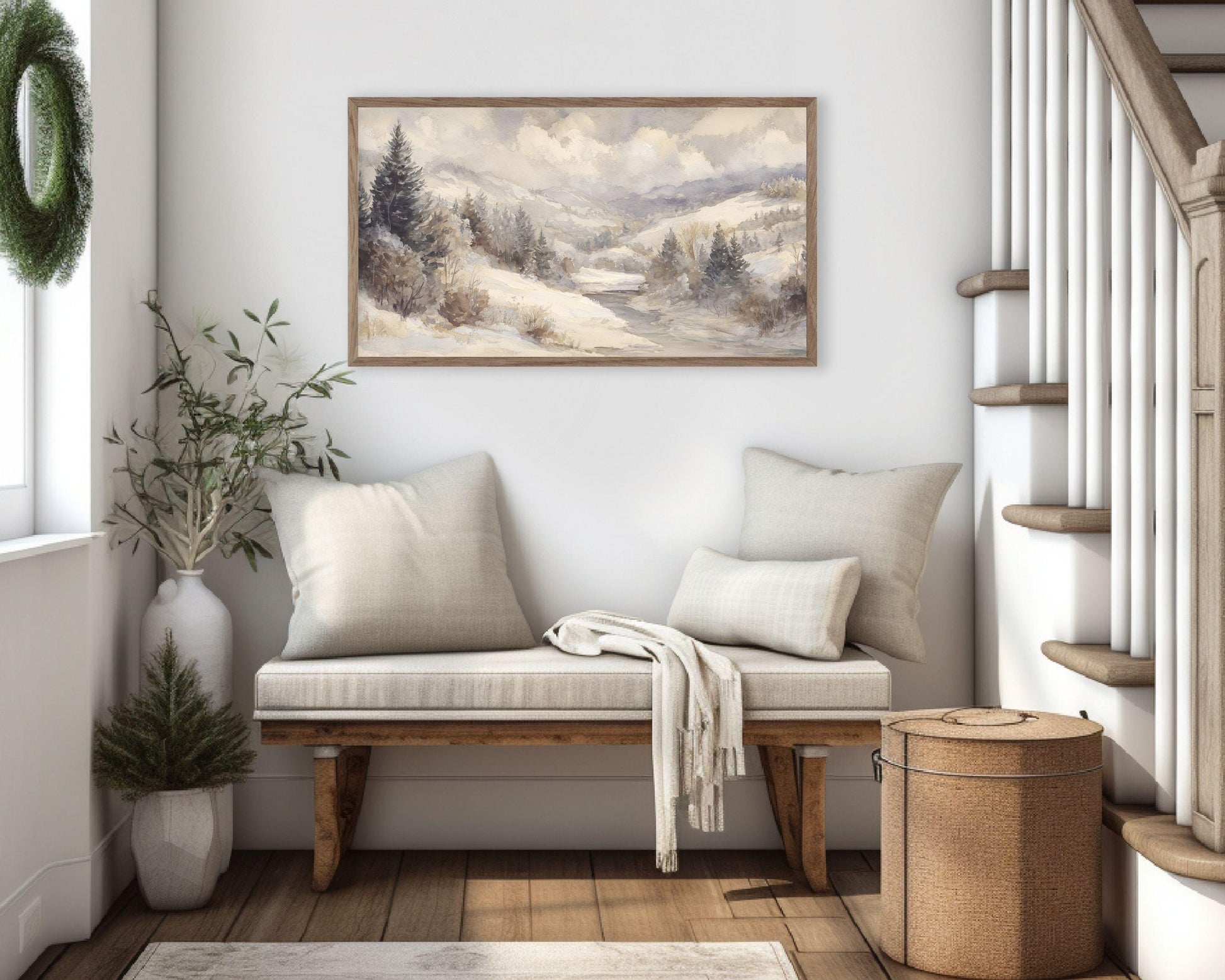 FRAME TV art Winter Landscape, Samsung Frame TV art Vintage Watercolor Style Neutral Painting | TV1001