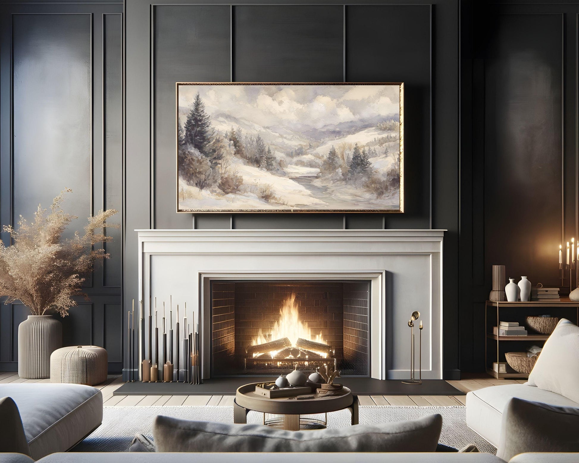 FRAME TV art Winter Landscape, Samsung Frame TV art Vintage Watercolor Style Neutral Painting | TV1001