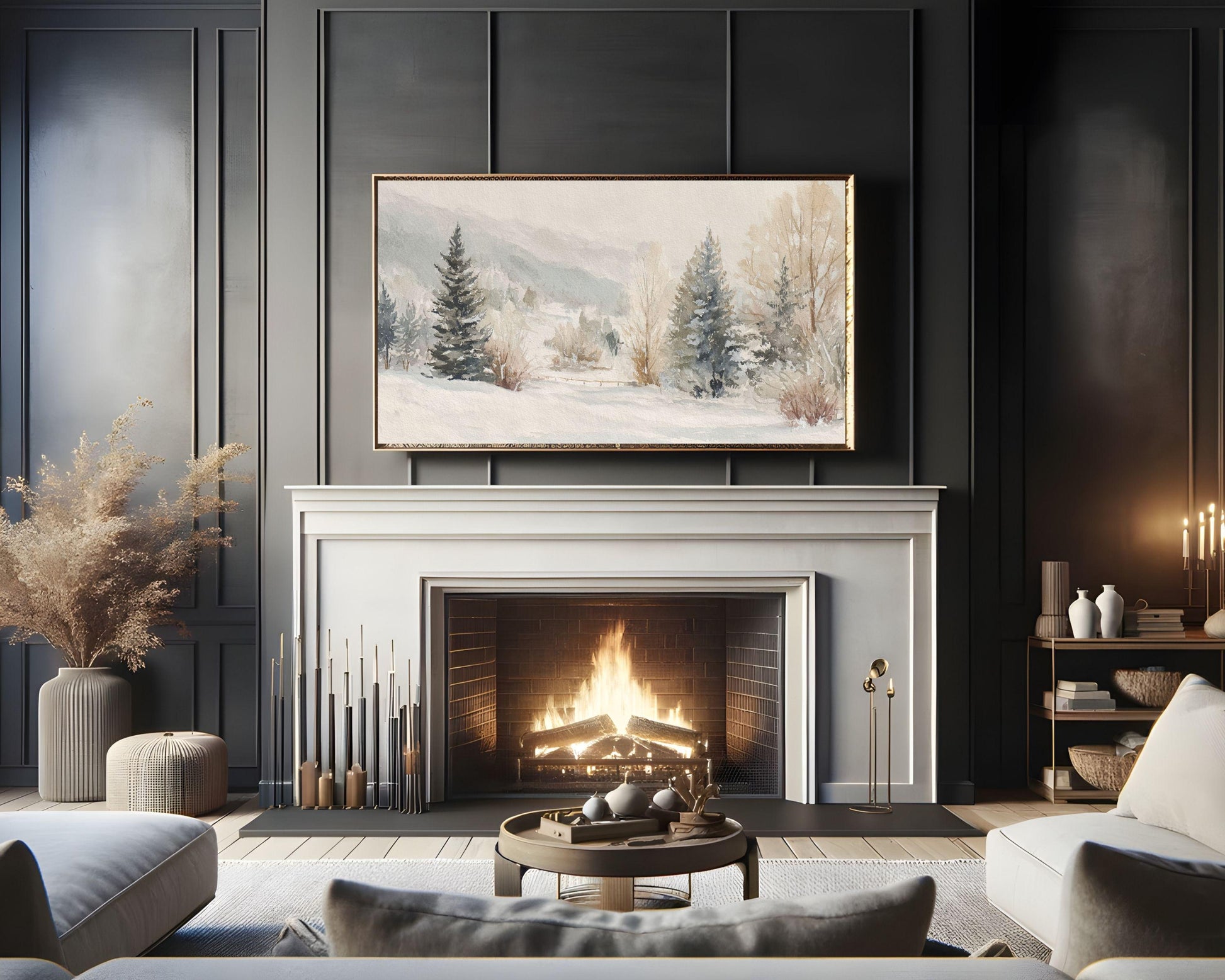 FRAME TV art Winter Landscape, Samsung Frame TV art Vintage Watercolor Style Neutral Painting | TV1002